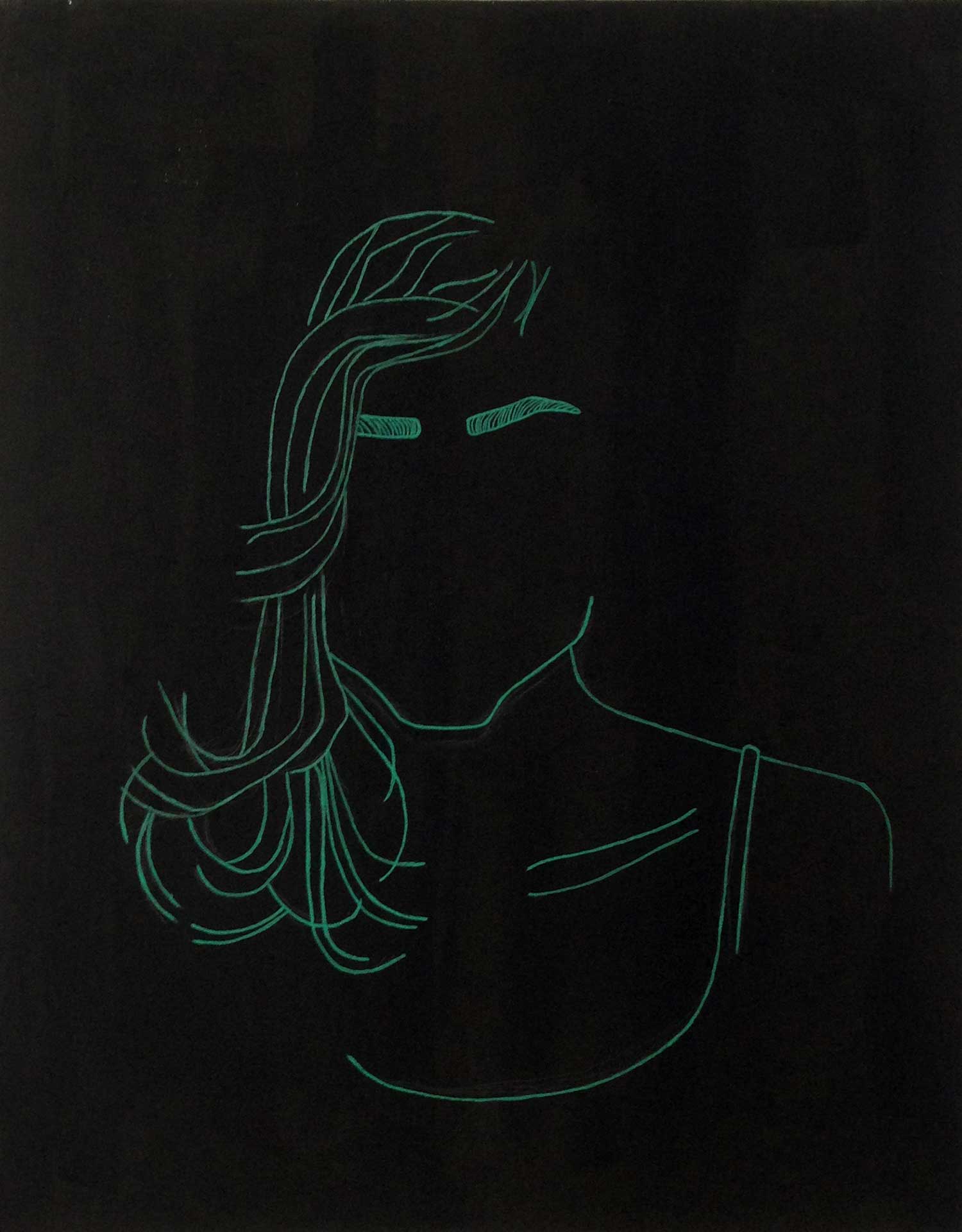 abstract green line portrait of a female on black background