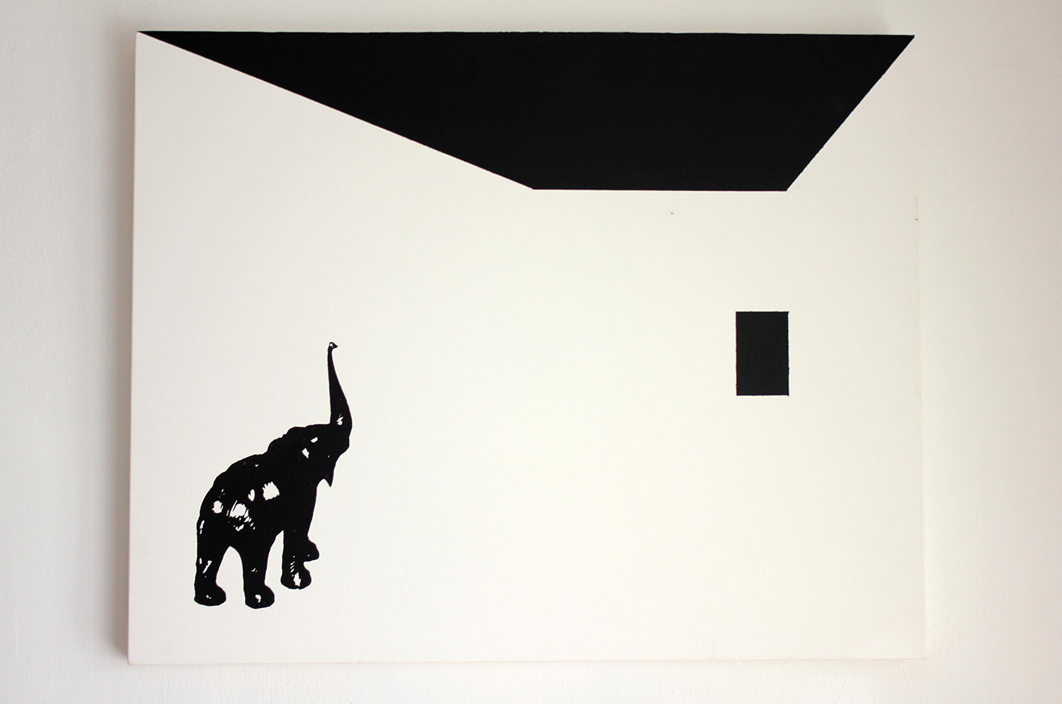 abstract painting of a black elephant on a natural canvas background with a perspective ceiling and window