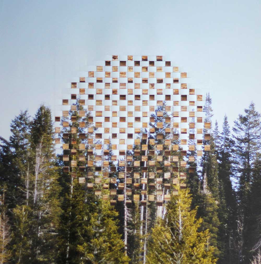 collage with woven strips of paper with printed wood texture, woven into image of trees